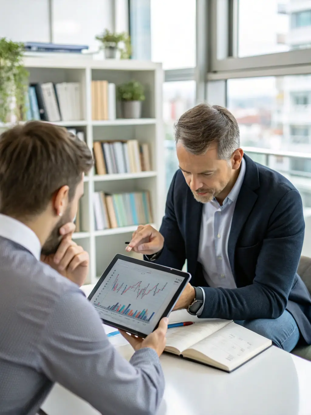 A professional consultant in a modern office setting, advising a client on investment options, with charts and graphs visible in the background.