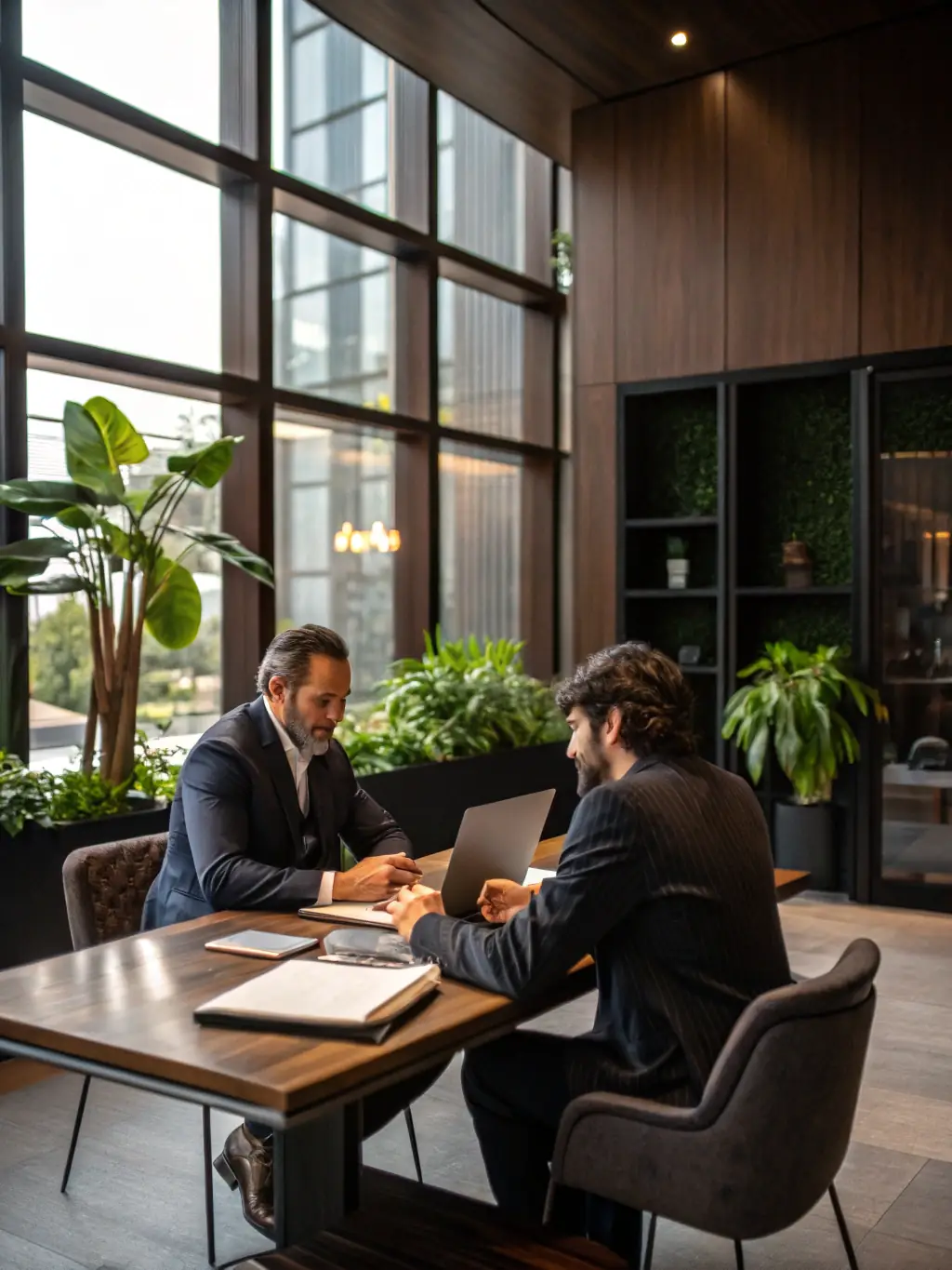An image showing a consultant discussing investment strategies with a client in a modern office setting, representing Comprehensive Investment Consulting.