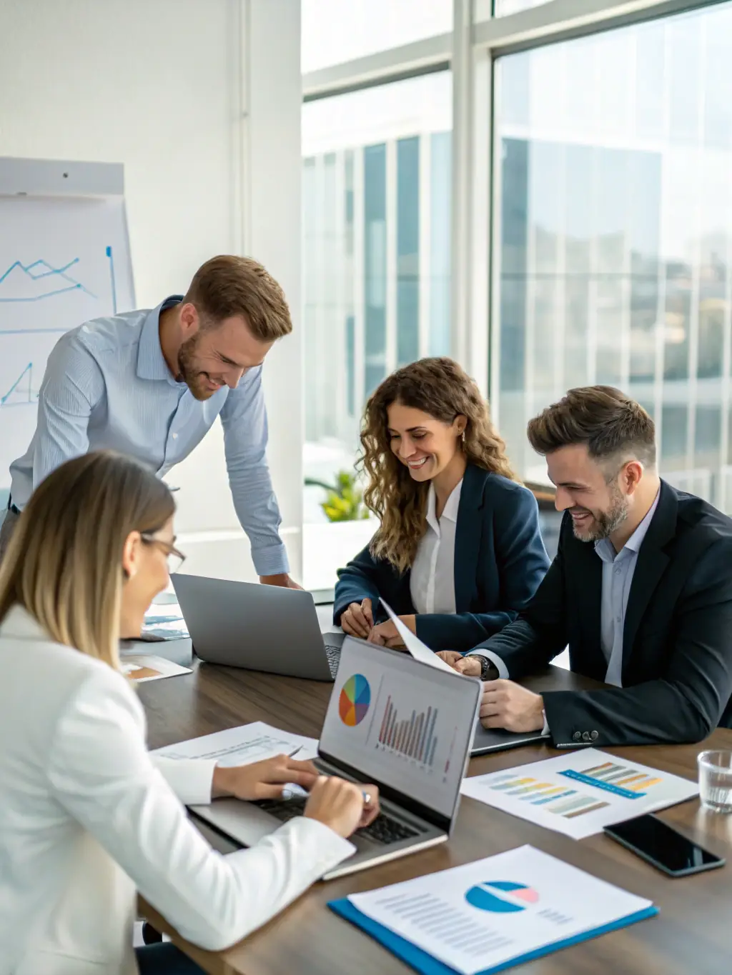 A photo of a diverse team of financial analysts collaborating on investment strategies in a modern office environment.