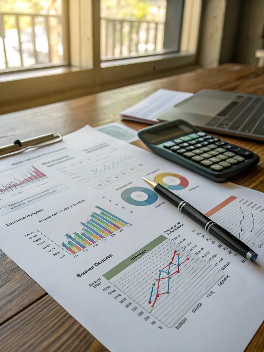 An image of a market analysis report with graphs and charts displayed on a desk, representing Market Analysis Reports.