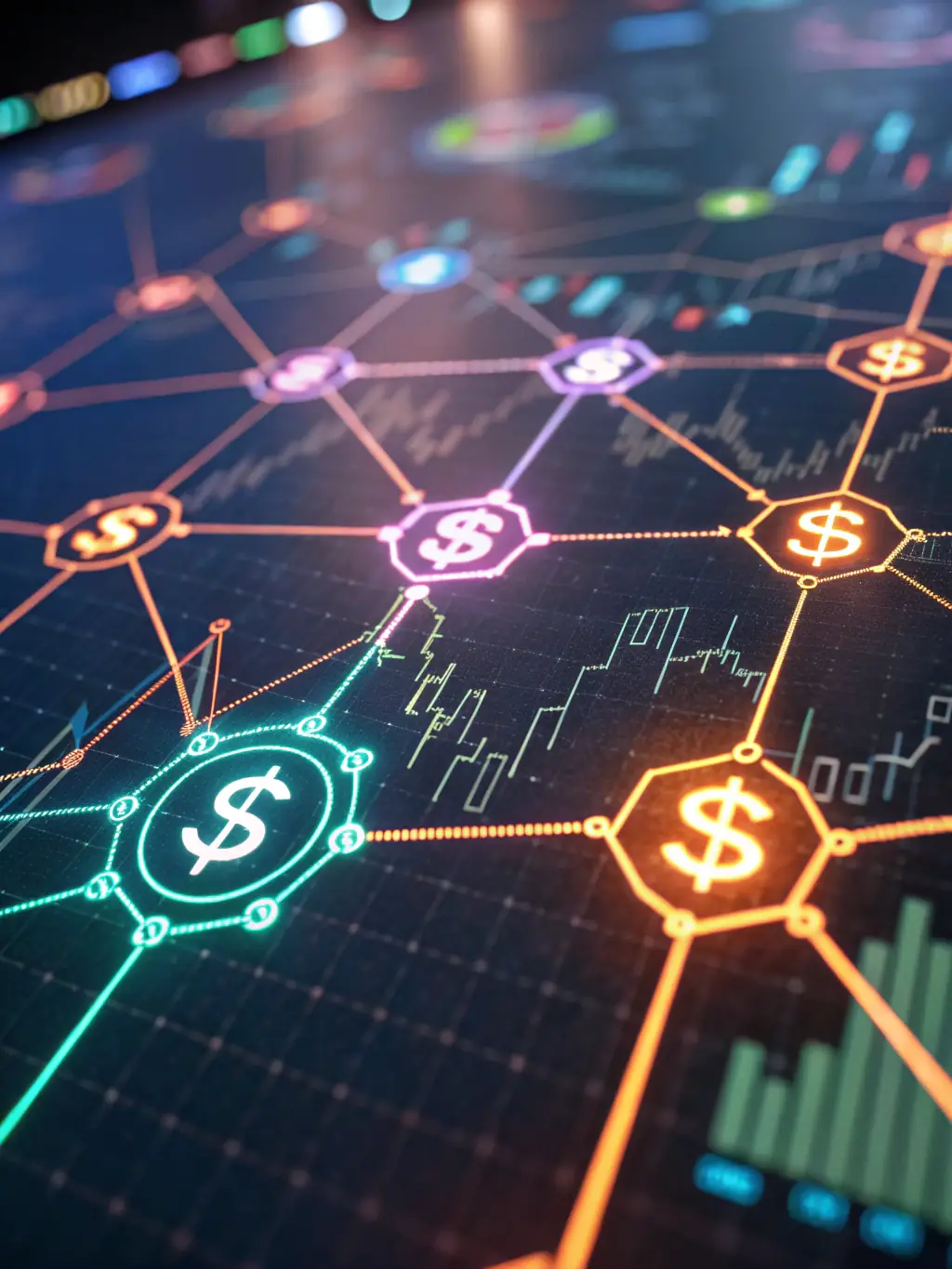 A diverse portfolio of investments displayed as interconnected nodes, symbolizing strategic asset allocation and diversification.
