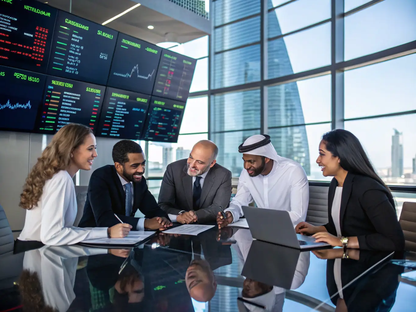 A diverse team of investment professionals collaborating on a strategy in a bright, modern office.