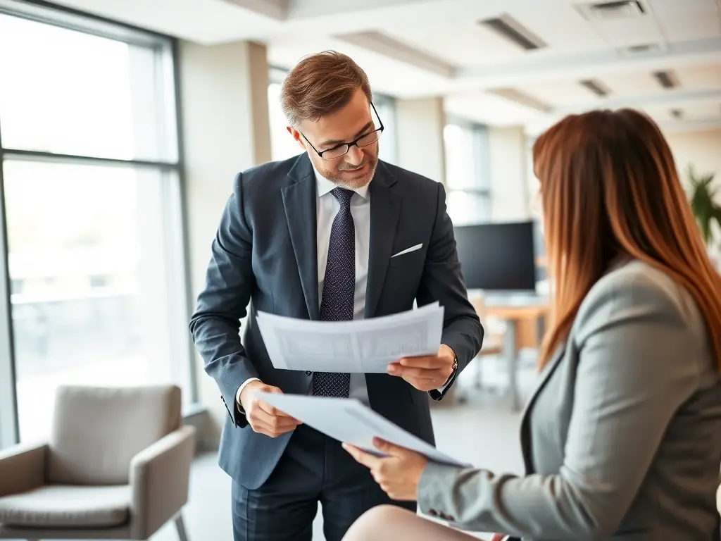 A consultant reviewing financial data with a client in a modern office setting, emphasizing trust and expertise.